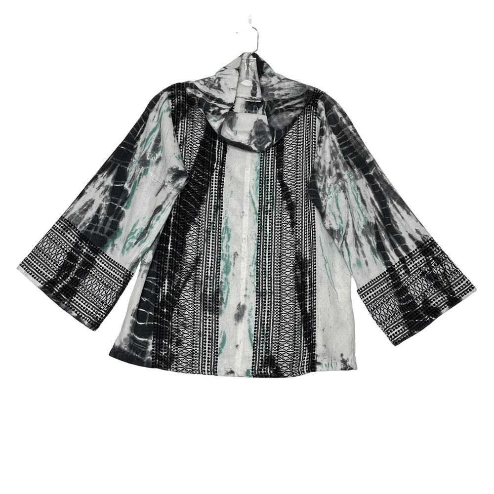 Ivy Jane Funnel Neck Tie Dye Embroidered Popover Top White Black Green Womens XS